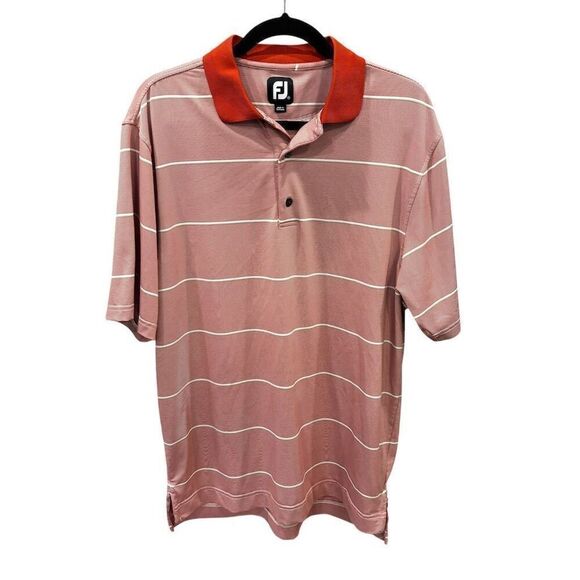 FJ Men's Striped Polo Shirt Pink M Teton Pines Logo Casual Golf Top - Picture 1 of 4